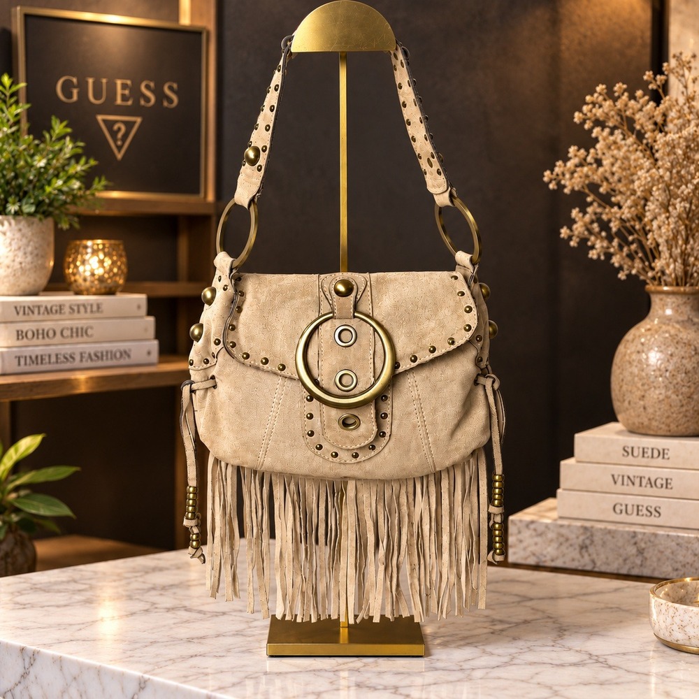 Guess Y2K Vintage Suede Studded Fringe Shoulder Bag Boho Western Tan
